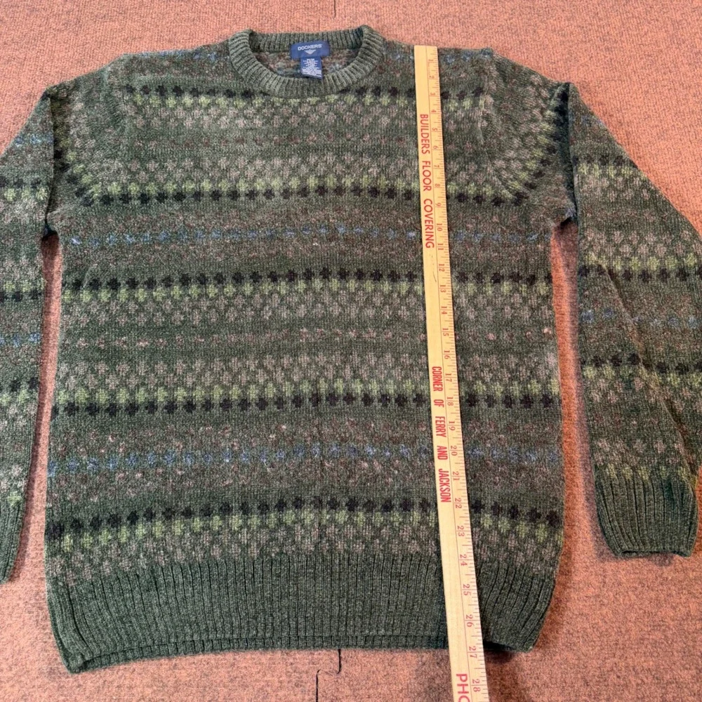 Dockers Fair Isle Sweater Mens Medium Green Geometric Knit Crewneck Pullover